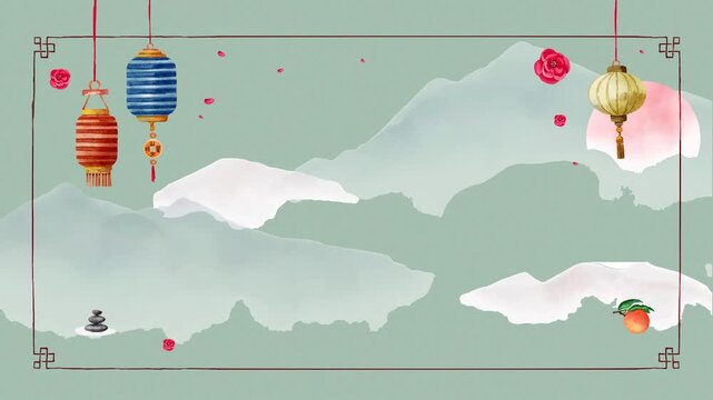 Zen mountain landscape on a green background with popping flowers, pendulum lanterns, and a central drop zone.
