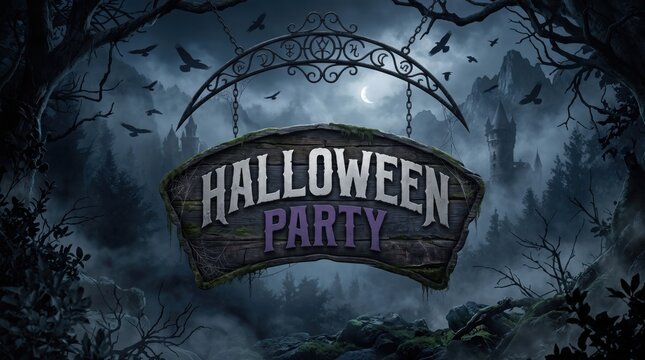 A spooky halloween party sign hangs from an ornate gothic archway, inviting guests to a dark celebration in an eerie forest with flying crows and a distant castle.