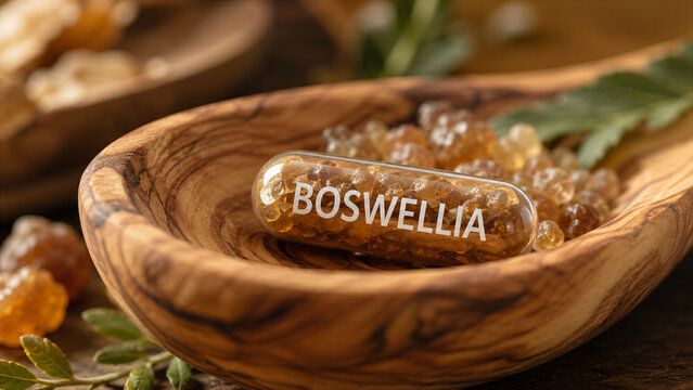 Boswellia resin capsules sit on a wooden bowl filled with natural materials. The setting shows a close-up of these herbal supplements in a nature-inspired arrangement