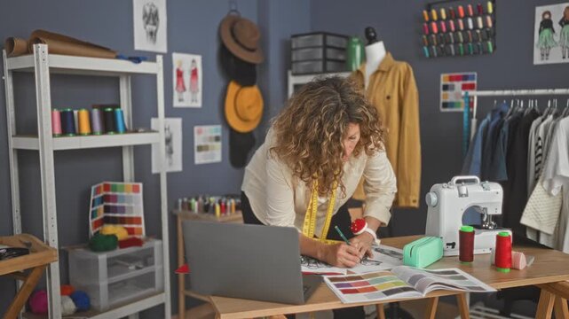 Woman leans over laptop and sketches, hand on drawing and measuring tape visible in studio; concentration creativity.