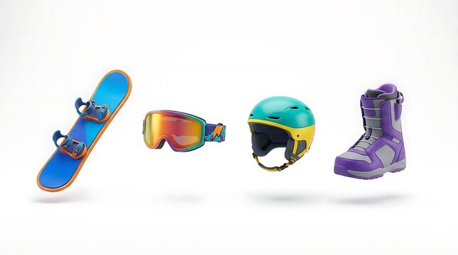 3D snowboard gear set with helmet and goggles.