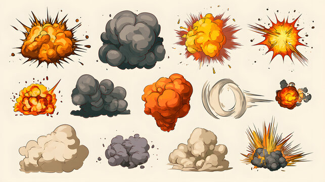 Comic explosive effect. Radial explosion icon. Burst of cloud, fire, smoke, fog, sparks, billowing gases, explosion effect, burst effect, dynamic flare. Cartoon vector set