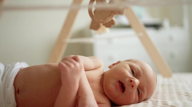 Curious newborn baby boy wearing a diaper lies awake on his back, observing and interacting with a wooden play gym mobile in a cozy, sunlit nursery, showing early motor skills
