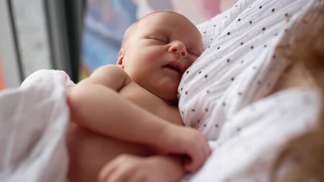 Close up of a tender moment where a newborn baby is sleeping soundly on their mother's chest, capturing the profound bond and affection between a woman and her infant