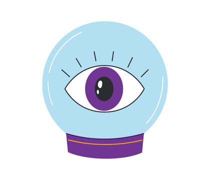 Round crystal ball with a mystical purple eye symbol and purple gold stand. Flat vector illustration