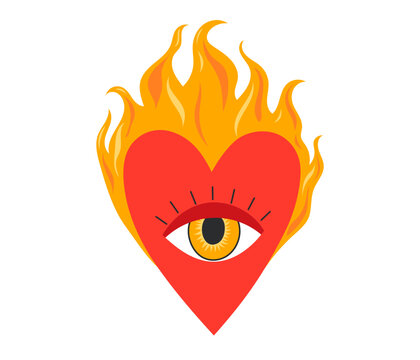 Flaming red heart with a glowing all-seeing eye and eyelashes surrounded by orange fire. Flat vector illustration.