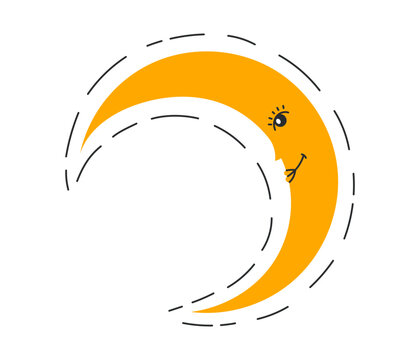 Cute crescent moon character with a sleepy face surrounded by dashed circular orbit lines. Flat vector illustration