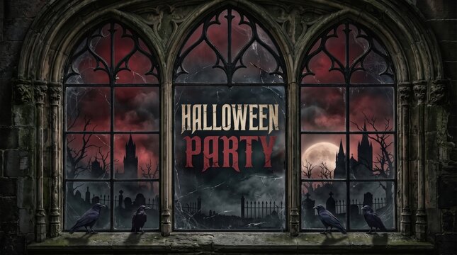 Eerie gothic window displays 'halloween party' text, spooky castle, full moon, crows under dark red night sky, for a mysterious celebration.