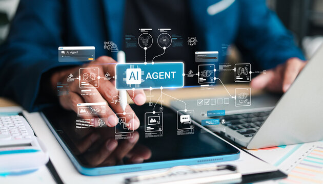 AI agent interface on digital tablet. Concept of artificial intelligence, automation, machine learning, smart workflow, and future technology.