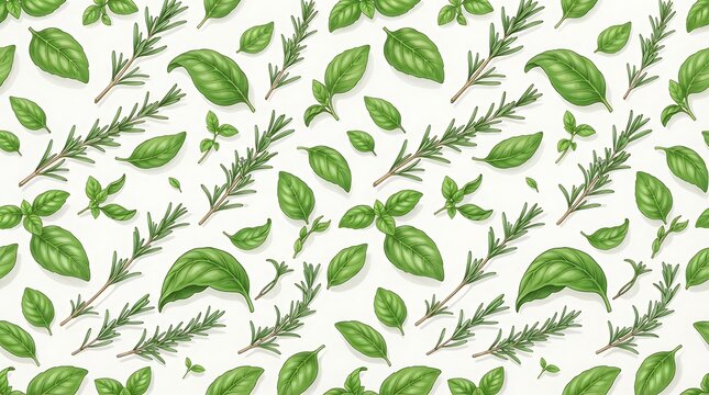 Seamless pattern with fresh basil leaves and rosemary sprigs