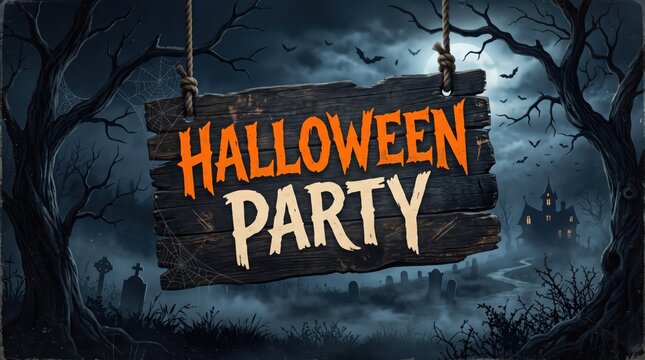 An eerie 'halloween party' sign with orange text hangs from bare trees in a dark, foggy cemetery, a haunted house under night sky.
