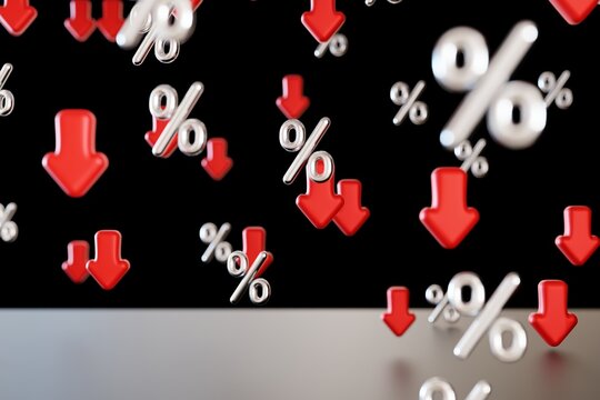 Red downward arrows and percentage signs float in the air above a plain surface. The scene focuses on discounts and price drops in a simple 3D style