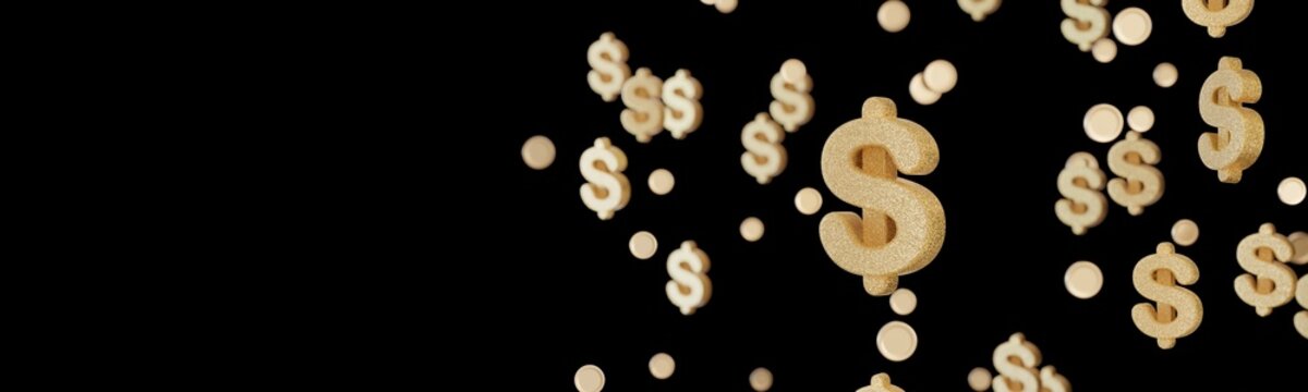 Dollar signs appear to float in the air with small circles around them in a 3D render. The background is dark, leaving space for text or designs