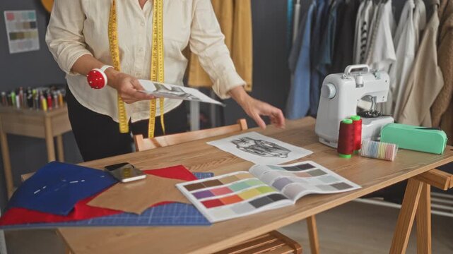 Woman holding pattern and color swatch by sewing machine in a design studio, measuring tape around neck and pincushion on wrist; concentration design.