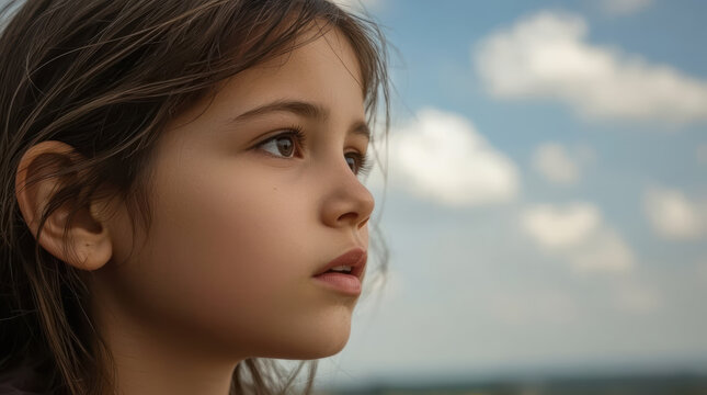 Close up face little girl looking into distance beneath cloudy sky