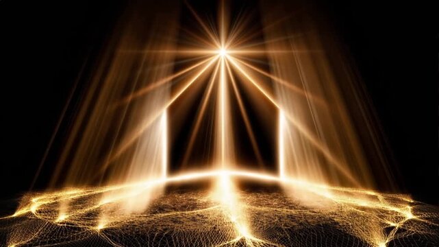 Abstract golden light beams emanate from a central geometric shape, casting intricate patterns across a dark, textured surface. ..Created with Generative AI, not depicting real subjects.