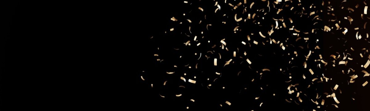 Golden confetti falls from above in a dark setting. The scene shows movement and energy as the confetti spreads out. There is clear space for text or design