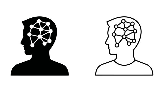 Neural Network Brain Icon: A striking visual representation of artificial intelligence and human cognition, featuring interconnected nodes forming a network within the silhouette of a human head.