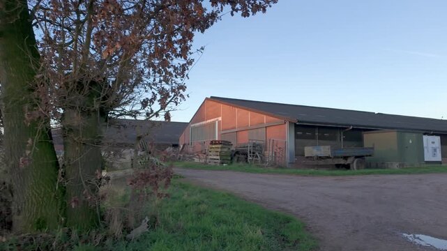 Cinematic revealing shot of a modern farm with agricultural barns during a golden hour sunrise