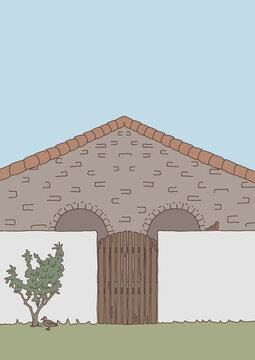 Brick house behind white wall and brown gate with ducks and blue sky
