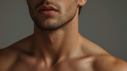 Naklejka premium Fit man portrait with defined collarbone and natural expression in warm studio light