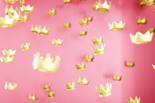 Golden crowns appear to float in a digital scene against a pink background. This 3D render captures the crowns in various sizes and positions, creating a playful setting