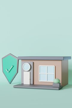 A 3D render shows a house model next to a shield shape with a checkmark. This design illustrates the idea of home insurance. The soft colors create a friendly look