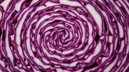 Fototapeta premium Sliced red cabbage revealing intricate spiral pattern in vivid purple layers