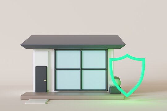 A 3D model shows a house with a shield beside it, representing protection through home insurance. It sits on a minimal, neutral background without distractions