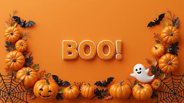 Halloween greeting background with pumpkins and bats featuring bold orange text saying boo on backdrop