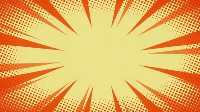 Abstract retro pattern comic background with yellow center and orange halftone burst speech bubble design, bright energetic empty space for text, retro comic burst pattern yellow orange background