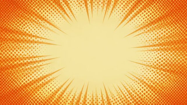 Abstract retro pattern orange yellow sunburst halftone comic burst background with empty center, vivid radial starburst frame, dotted rays, bright copy space, and textured design for SEO search use