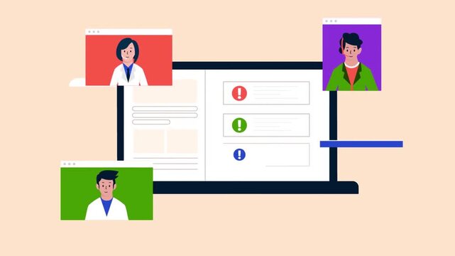 2D animation of an online video conference dashboard with multiple user profile video feeds team collaboration
