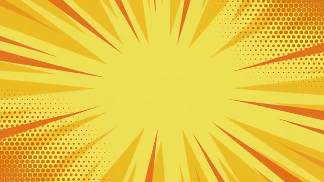 Abstract retro pattern yellow orange sunburst comic background with bright radial line and halftone dot texture, dynamic radial design, bright halftone rays and empty center for copy space