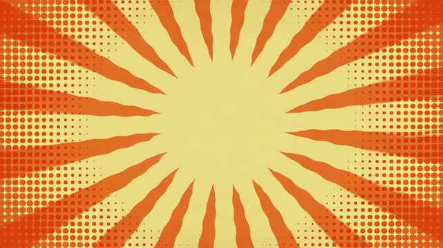 Abstract retro pattern orange sunburst pop art background with halftone texture, bright yellow comic style, dotted rays, radiant vintage poster design, orange and yellow dot texture, center glow