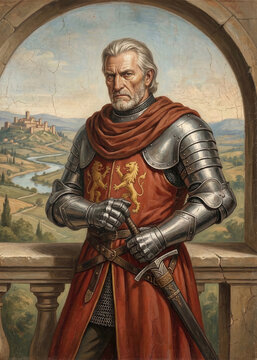 Veteran Medieval General in Plate Armor with Lion Crest Tunic, Fine Art Portrait