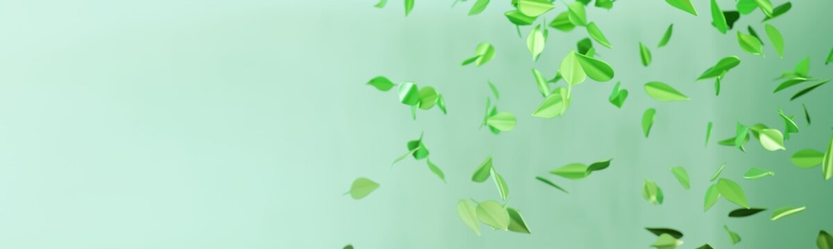 Green leaves fall gently in the air, set against a smooth, light background. The clean space allows for text or other design elements