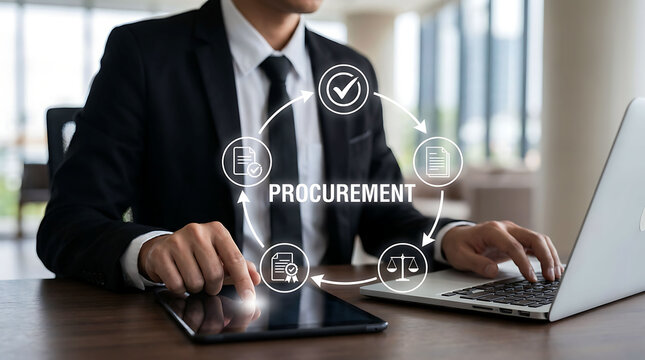 Businessman managing procurement process workflow with digital icons on desk