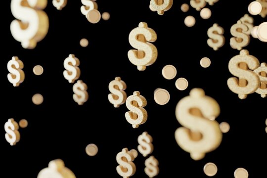 Dollar signs are floating in the air in a 3D render. This scene shows them against a dark background with some blurred coins, creating a lively visual of wealth