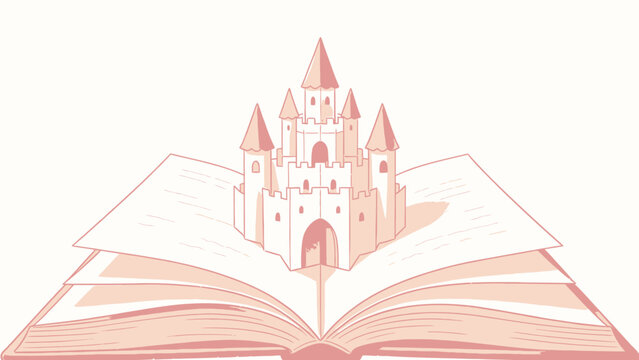 Pastel Pop-Up Castle Emerging from Open Storybook Pages in Soft Pink and Cream Tones