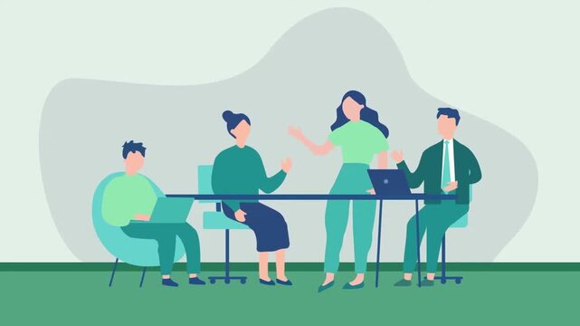 2D animation of a business team sitting at a desk collaborating with laptops during an office meeting session