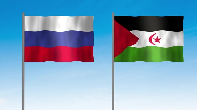 Flag of Western Sahara and Russia, Pole flag of Western Sahara and Russia on clear sky background. Western Sahara and Russia flag waving. 

