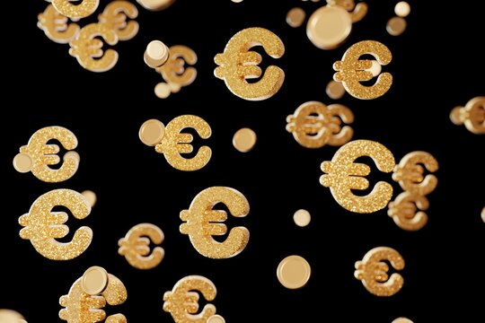 Golden euro signs float in the air against a dark background, forming a lively display. The design shows a 3D effect of currency symbols. This generates an engaging view of finance