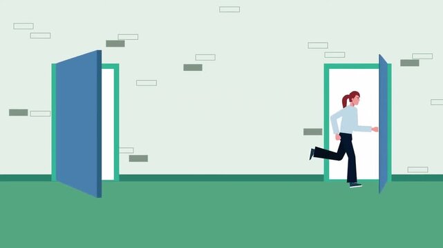 2D animation of two office workers running quickly through open doors urgent deadline emergency escape concept