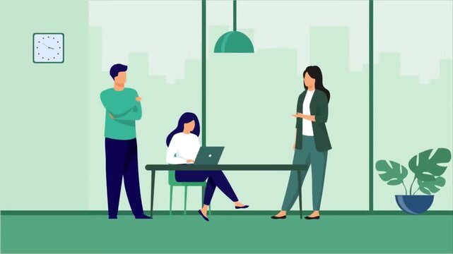 2D animation of employees standing around a desk working on laptop in a modern spacious office interior scene