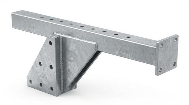 Galvanized steel mounting bracket. Heavy duty industrial metal post with pre-drilled holes and support gusset. Durable construction hardware on clean white background