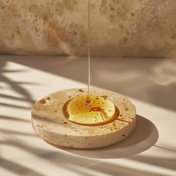 social media promo background for luxury artisanal honey. A round travertine stone coaster on a soft beige plaster background, with a drop of liquid gold honey falling into focus.