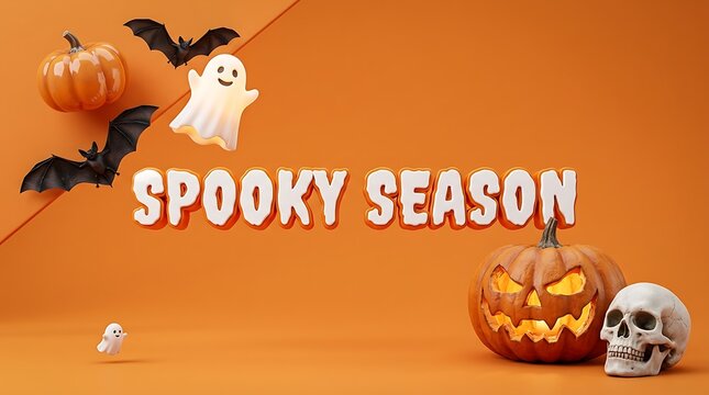 Spooky season text design with cute ghosts bats glowing pumpkin and skull on orange background