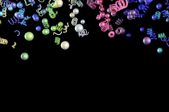 Colorful rainbow confetti falls against a solid black background. The vibrant pieces are scattered evenly across the space, creating a festive look