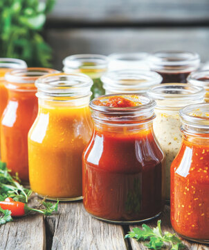 Variety of glass jars filled with colorful hot pepper and chilli sauces, background